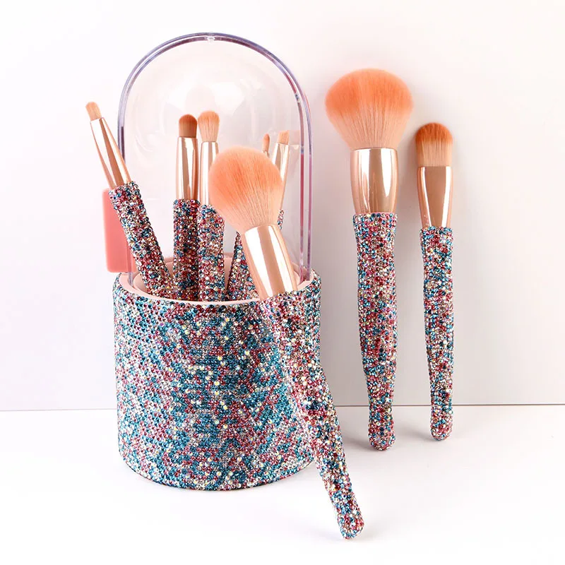 Custom Blush Set Foundation Powder Brushes Cosmetic Brushes Set Rhinestone Sticked Crystal Diamond Makeup Brush Bucket Set