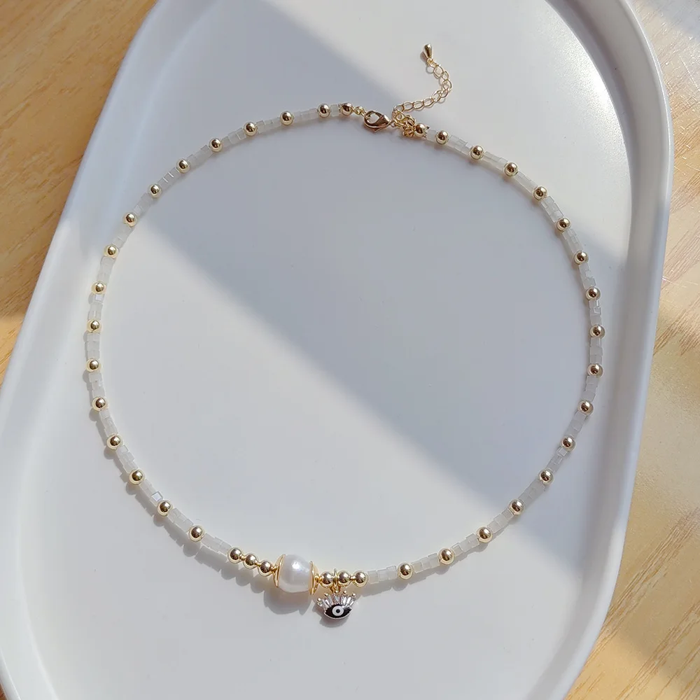 KKBEAD Handmade Beaded Necklaces Natural Pearl Evil Eye Pendant Necklace Crystal Necklace for Women