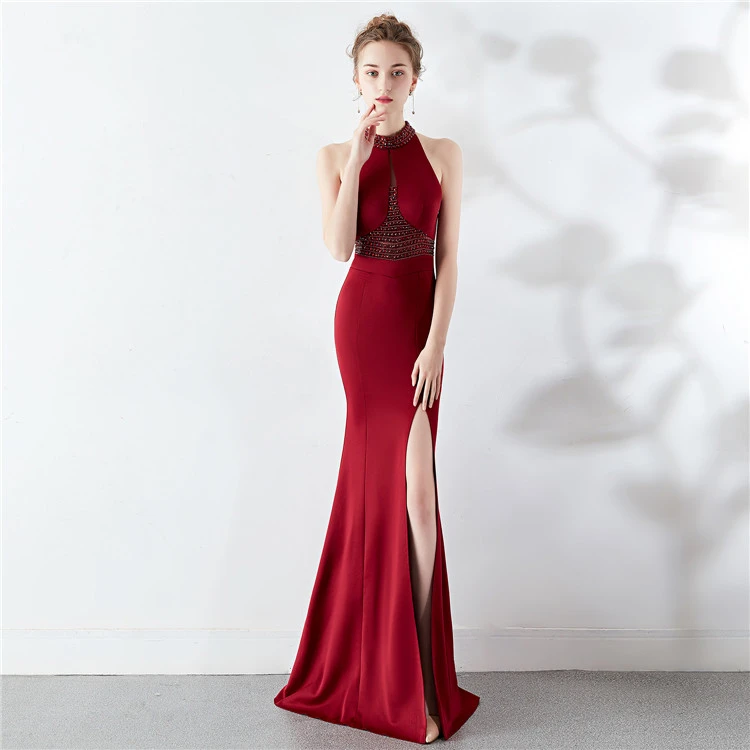 8637#2021 evening dress Wine red toast Long dress wedding dress slim fish tail Sexy clothes club Party dress