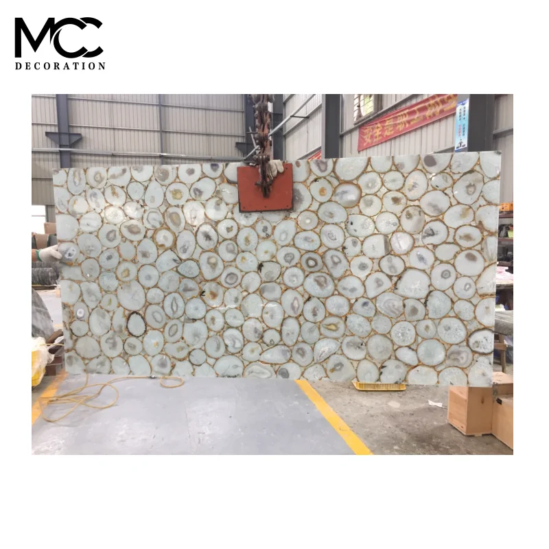 3200mm Big Size natural Stone White Agate  18mm Thickness semi precious stone Slab For Countertops