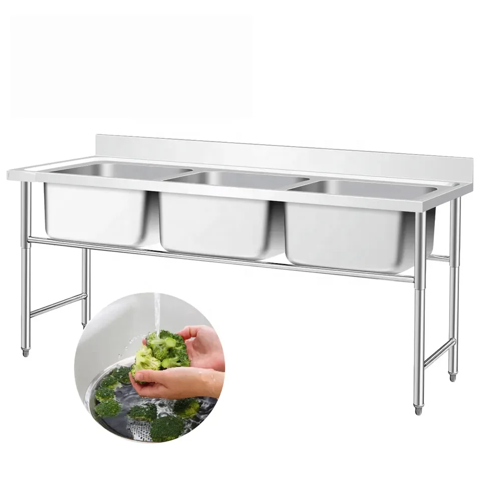 Commercial Restaurant Kitchen Equipment 304 Stainless Steel Double Sink Work Table with Washers for Fish Cleaning & Prep Work