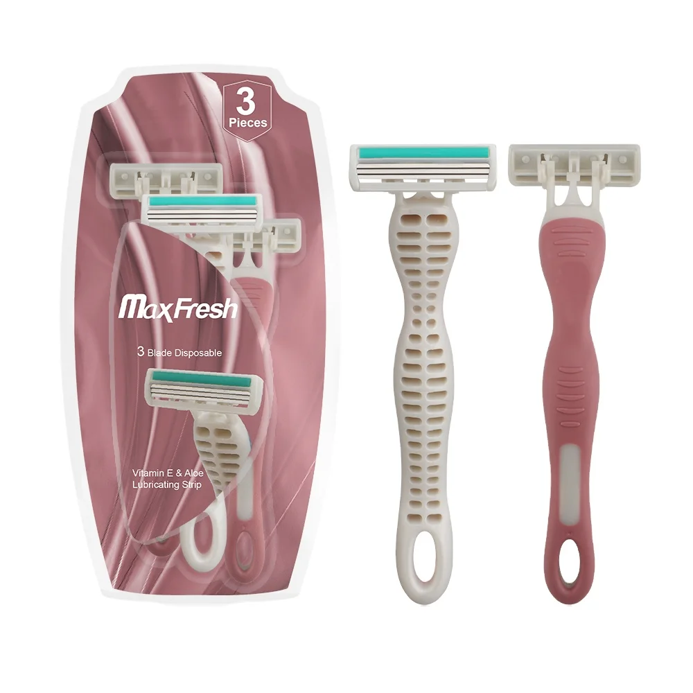 Three Blade Long Rubber Handle Hair Shaving Razor High Quality Disposable Razor With Safety Cover