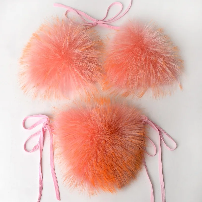 
Real Fox Fur Swimwear Bikini For Women Sexy Bikini Swimsuit Set Adjustable Raccoon Fur Bra Cute Girls Bikini Swimwear 