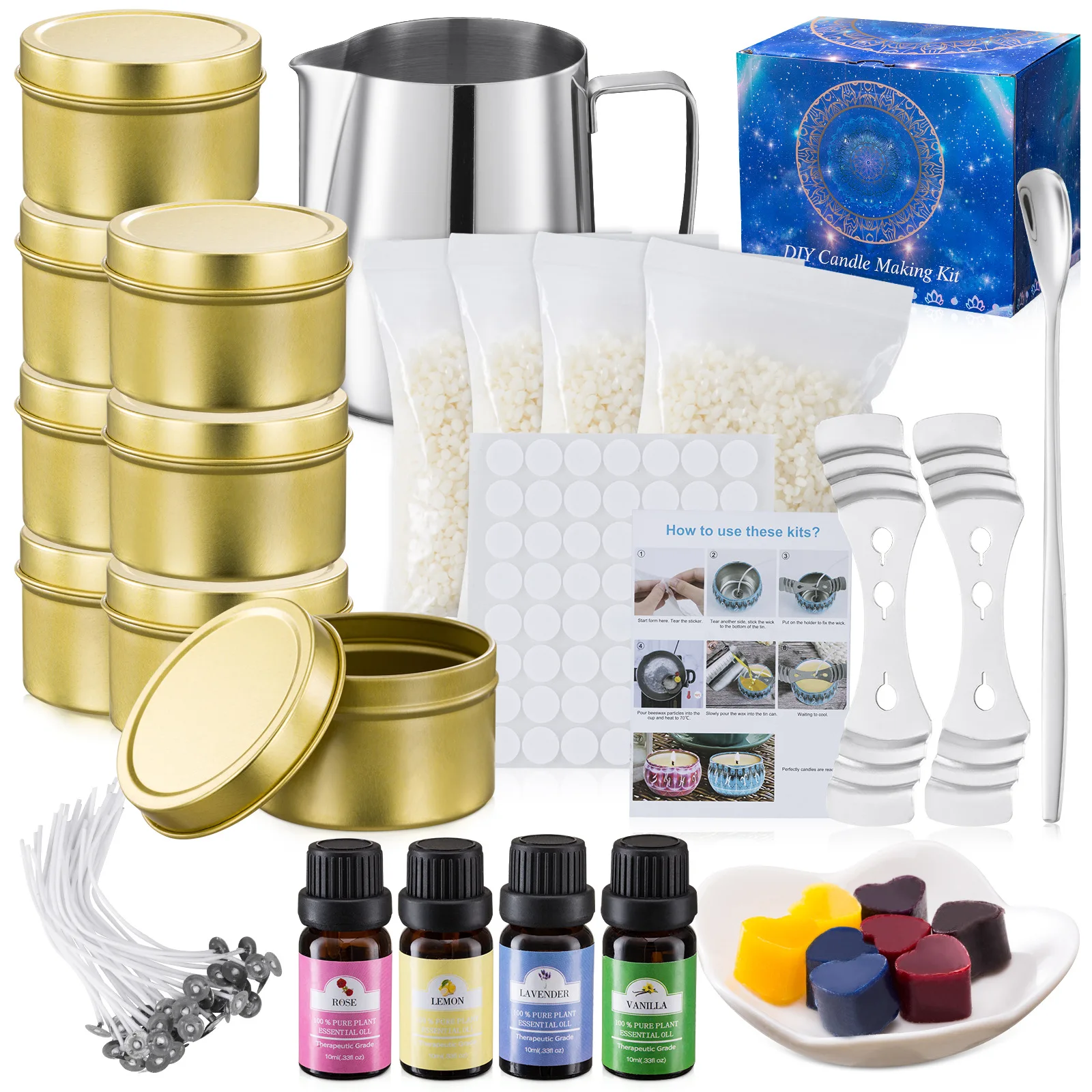 Supplies Dried flower DIY Candle Making Kit set for Adults Including Beeswax, Wicks, Rich Scents, Dyes, Melting Pot, Tins