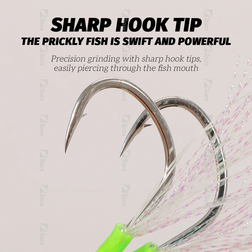 High quality 1/0 2/0 3/1 4/0 Luminous  Double hook  Cast Long Jig Assist Hook   High Carbon Steel Jig Lure Sea Fishing Hooks