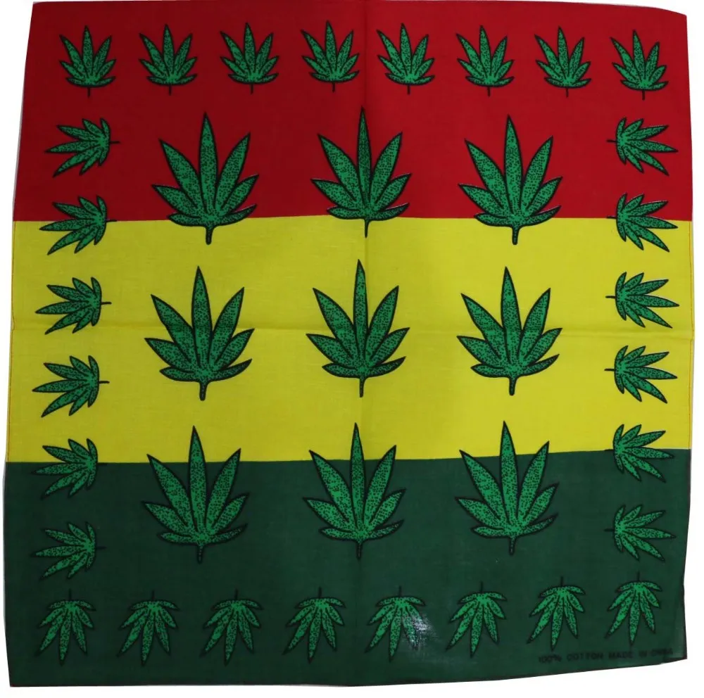 Hot Sale Hip Hop Square Scarf Reggae Jamaica custom 100% cotton Sports custom Bob Marley headwear classic Green Weed bandanas