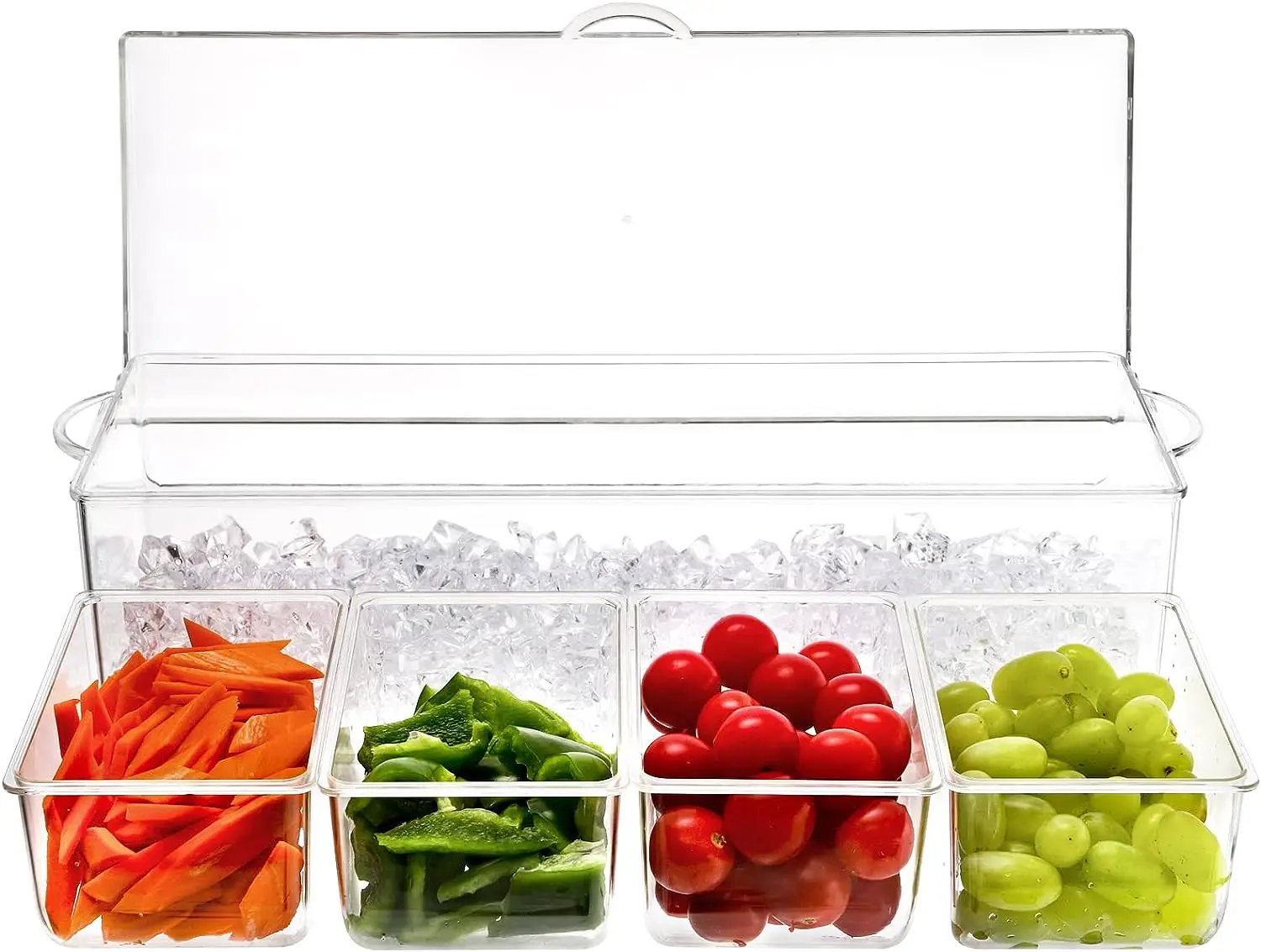 Clear PET Plastic Condiment Server Bar Garnish Holder Chilled with Ice Tray and 4 Removable Compartments