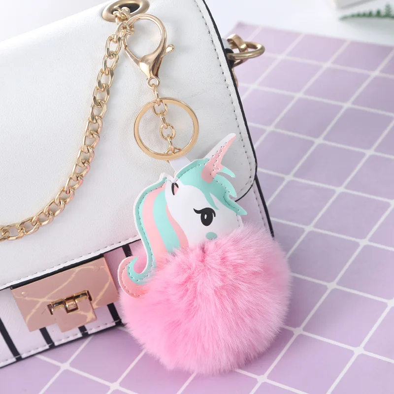 Custom Rabbit Furs Ball Key Chain Pompom Fluffy Fur Unicorn Keychains For Girls