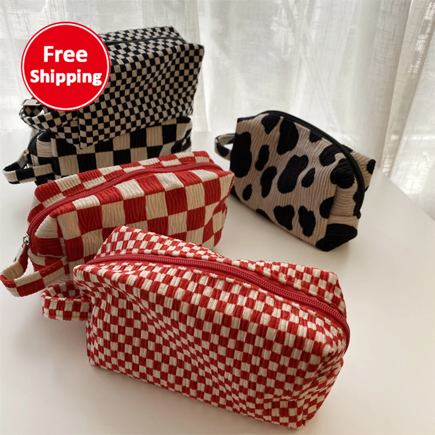 Retro women girl organizer makeup bag red black corduroy vintage checkered cosmetic bag