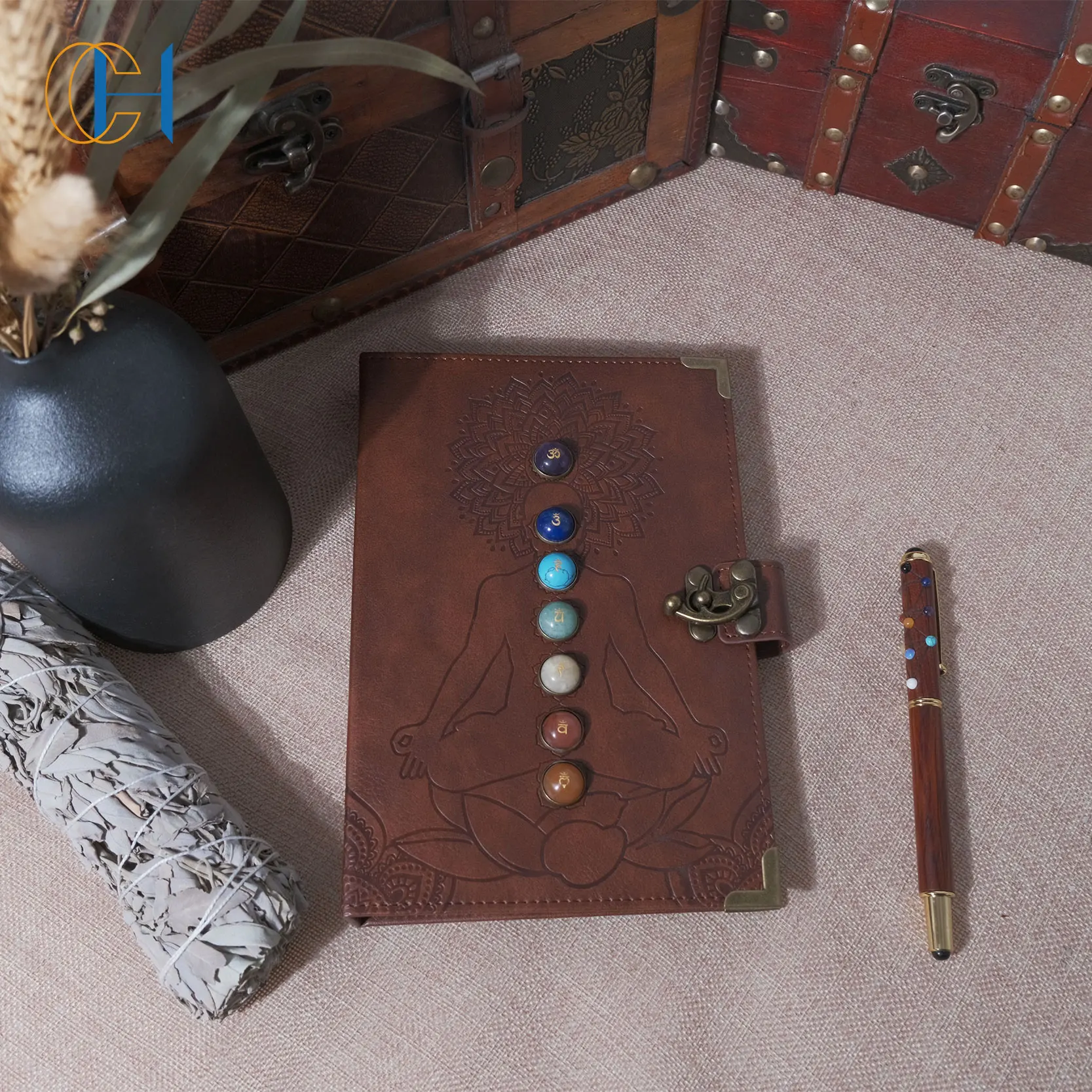 Large Crystals Embossed Handmade Genuine Leather Journal With Lock/Grimoire/Notebook/Journal