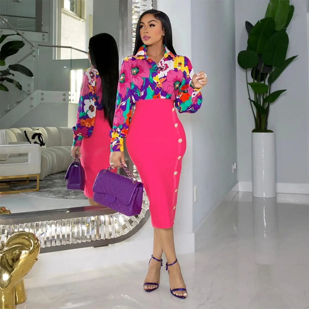 New Floral Printed Long Sleeved Shirt Paired Fitting Hip Wrap Skirt Two-Piece Set Long Sleeve Shirt And Skirt Set For Women