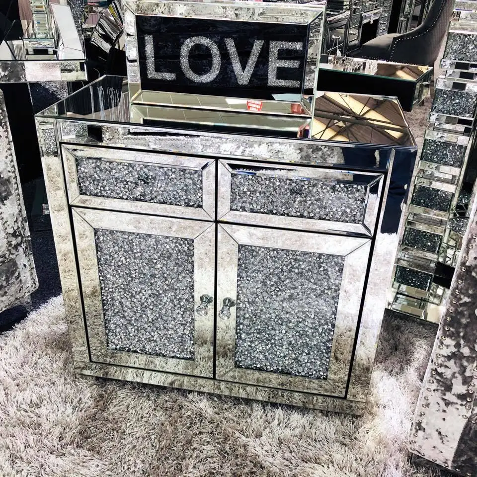 Modern  Decorative crush diamond  Mirrored Buffet Console Cabinet Sideboard
