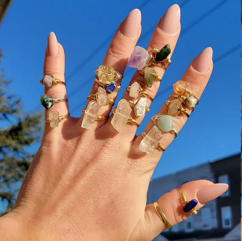 Minimalist irregular raw stone Healing crystal Wire Wrapped Amethyst carnelian gemstone ring