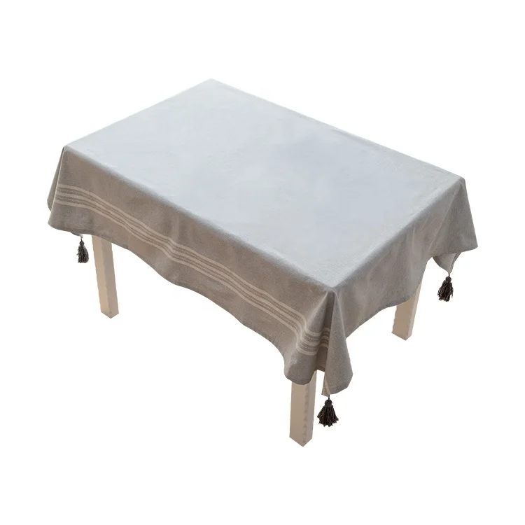 Wholesale modern design luxury plain gray cotton woven fabric hotel dinner decoration tablecloth with tassels table cover