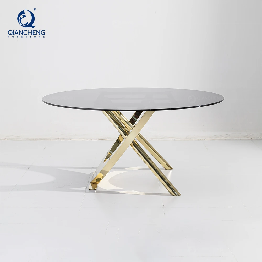 High end customization furniture luxury mini dining table set round dinning room gold furniture glass table