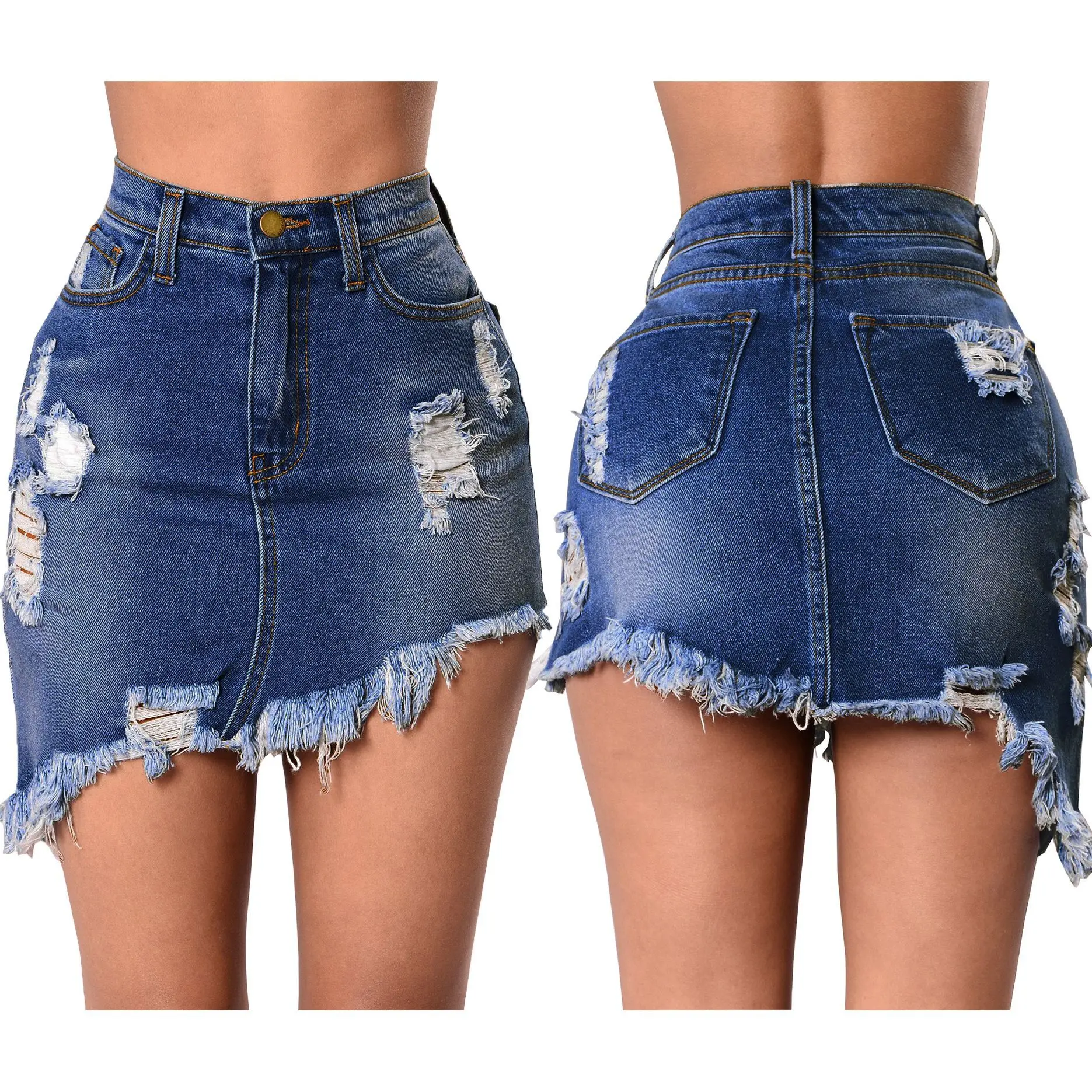 
Wholesale Plus Size Women Denim Pencil Skirt High Waisted Button Blue Jeans Skirts 