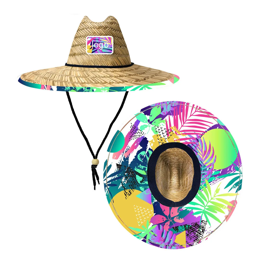Custom Print Design Logo Patch Natural Straw Sombreros  Fisherman Lifeguard Sun Hat Summer Wide Brim Fishing  Beach Hat