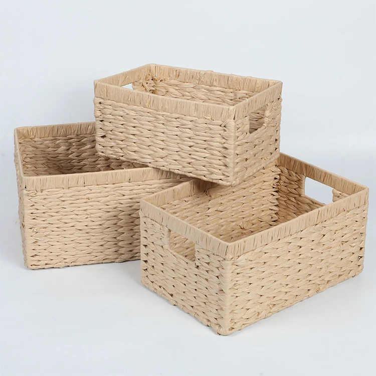 KINGWILLOW, экологически чистая прямоугольная соломенная плетеная корзина для хранения ручной работы, набор из 3 дешевых корзин, оптовая продажа