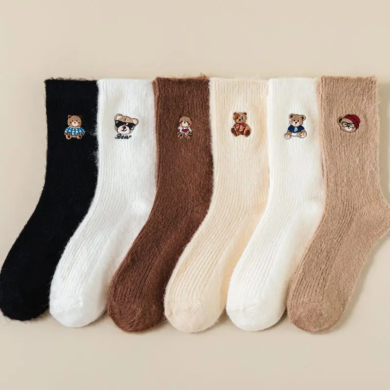 Wool socks women winter autumn pure color school style girl soft women socks wool embroidery socks for women