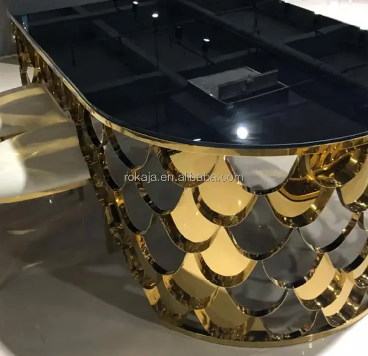 Luxury Wedding Dining Table Set Hotel Event 8 10 People Oval Shape Fish Scales Gold Stainless Steel Manger Mirror Buffet Table