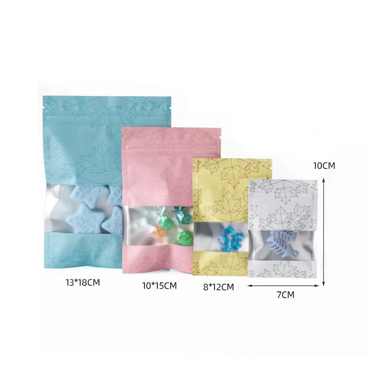 In Stock and Custom 3 Side Seal Food Packaging Maple Leaf Pattern Printed Zipper Bag Aluminum Foil Inside Colorful Window Pouch