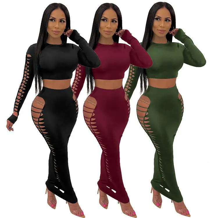 
11AF433 2020 fashion solid side burnt-out hollow out club bodycon two piece set women clothing sexy dress 