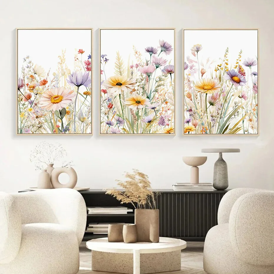 Home Living Room Decor Nordic 3 Panels Modern Fresh Watercolor Plants Wall Art Printed Wild Flowers Painting on Canvas
