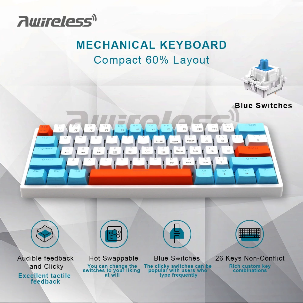 Wholesale 60% Usb Wired Light Led Fashion Gaming Keyboards 61 Keys Blue Switches Custom Keycap Pc Rgb Mechanical Keyboards