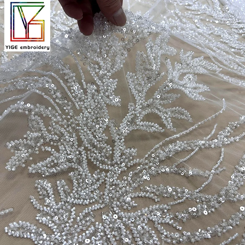 Top quality luxury heavy beaded white tulle Lace With Sequins wedding embroidery Beads bridal lace dress fabric