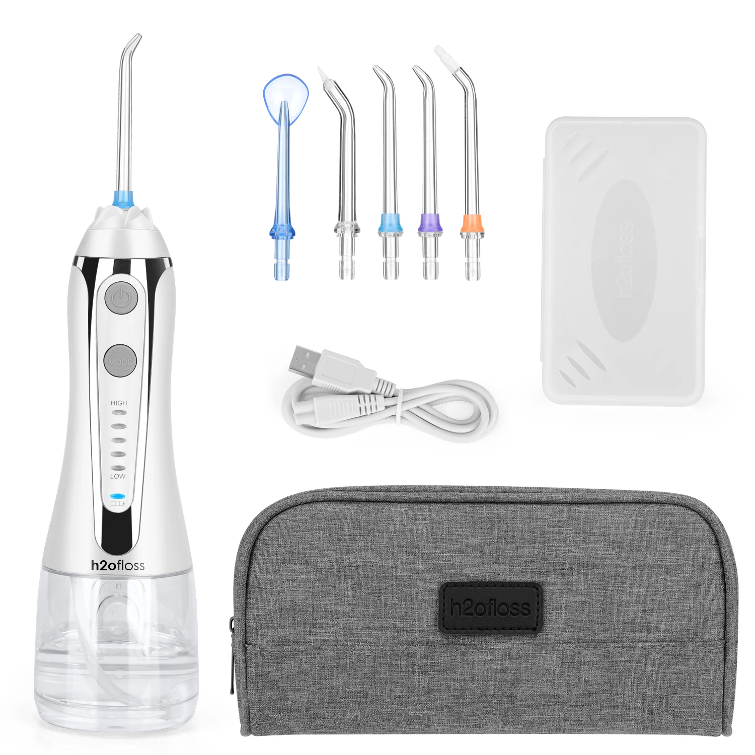 H2ofloss Dental Oral Irrigator Professional Portable Rechargeable Cordless Water Flosser,5 Nozzles,1 Nozzle box