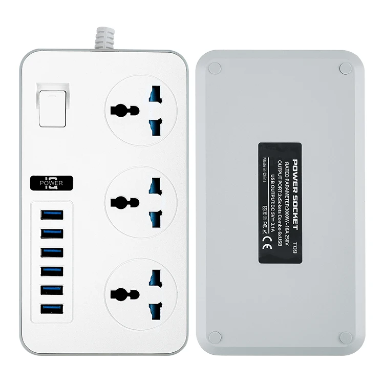 2021 hot-selling power strip with 3 sockets and 6 USB charging ports 2 meter long home and office extension cord