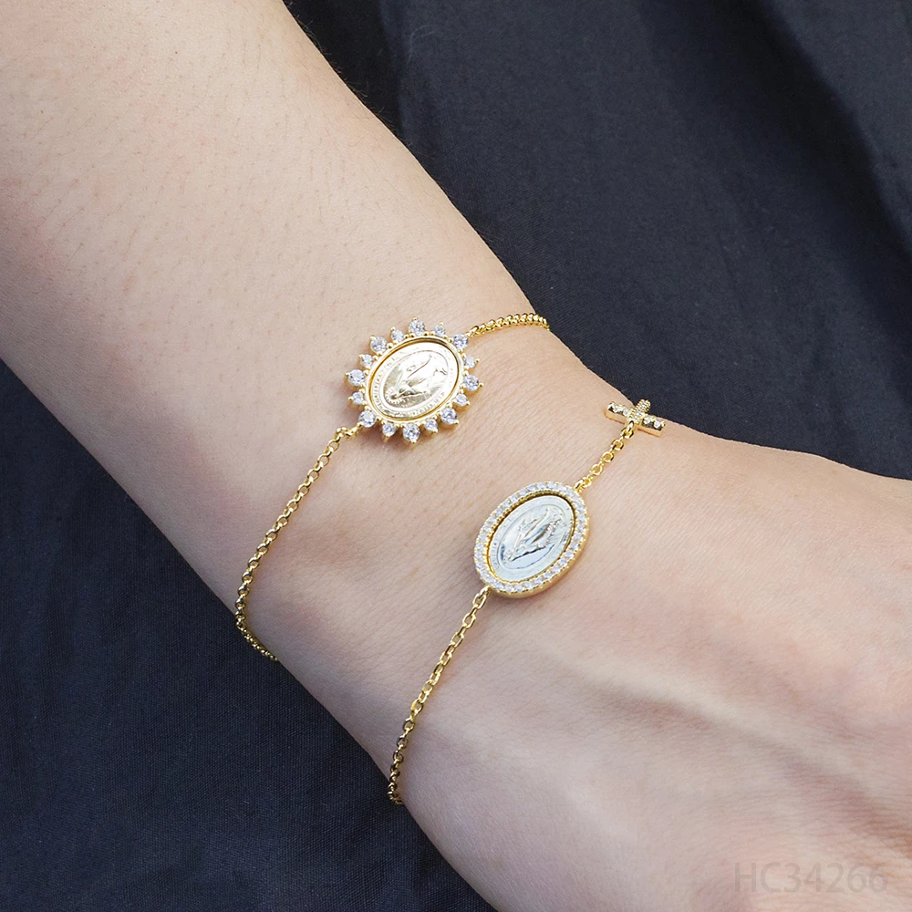 14k Yellow Gold Plated 925 Sterling Silver Jewelry Virgin Mary Pendant Necklace With Matching Bracelet