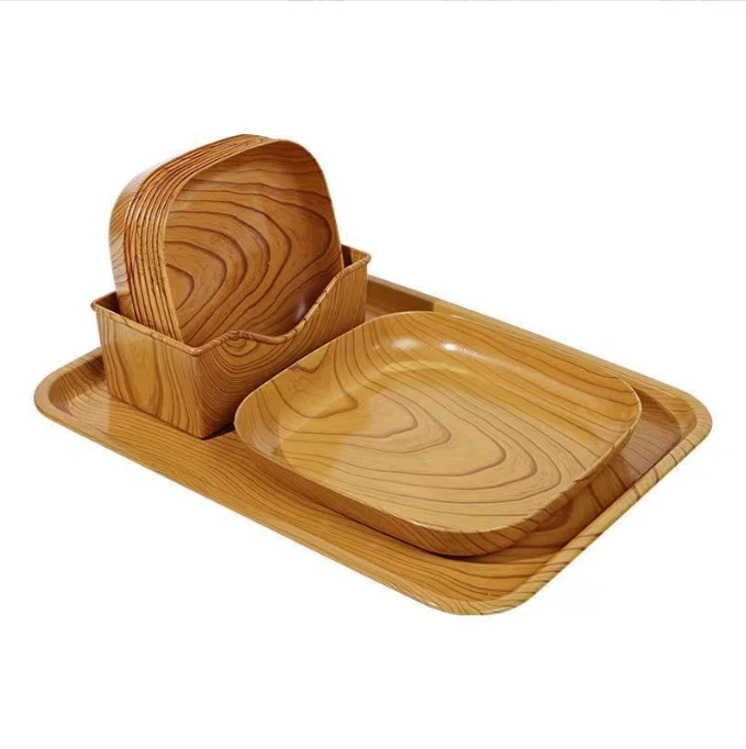 Simple Wood Grain Bone Spatula Dish Set Hot Sale Home & Commercial Afternoon Tea Plastic Plate for Fruit Nut Snacks