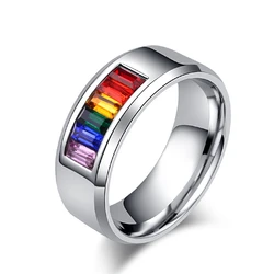 Hot Selling Stainless Steel LGBT Gay Pride Rainbow Stones Ring Gold Plated Lovers Couple Ring
