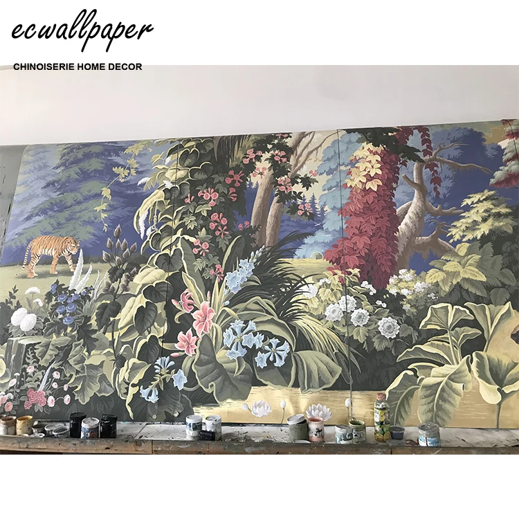 Hand-Painted Forest Wall Mural Tropical Jungle Mural Wallpaper