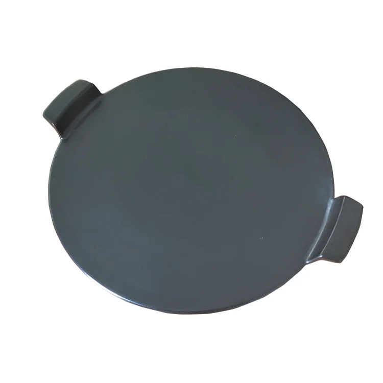 Wholesale Round Black Glazed Cordierite Baking Pizza Stone with Ear For Professional Cooking Pizza Pan