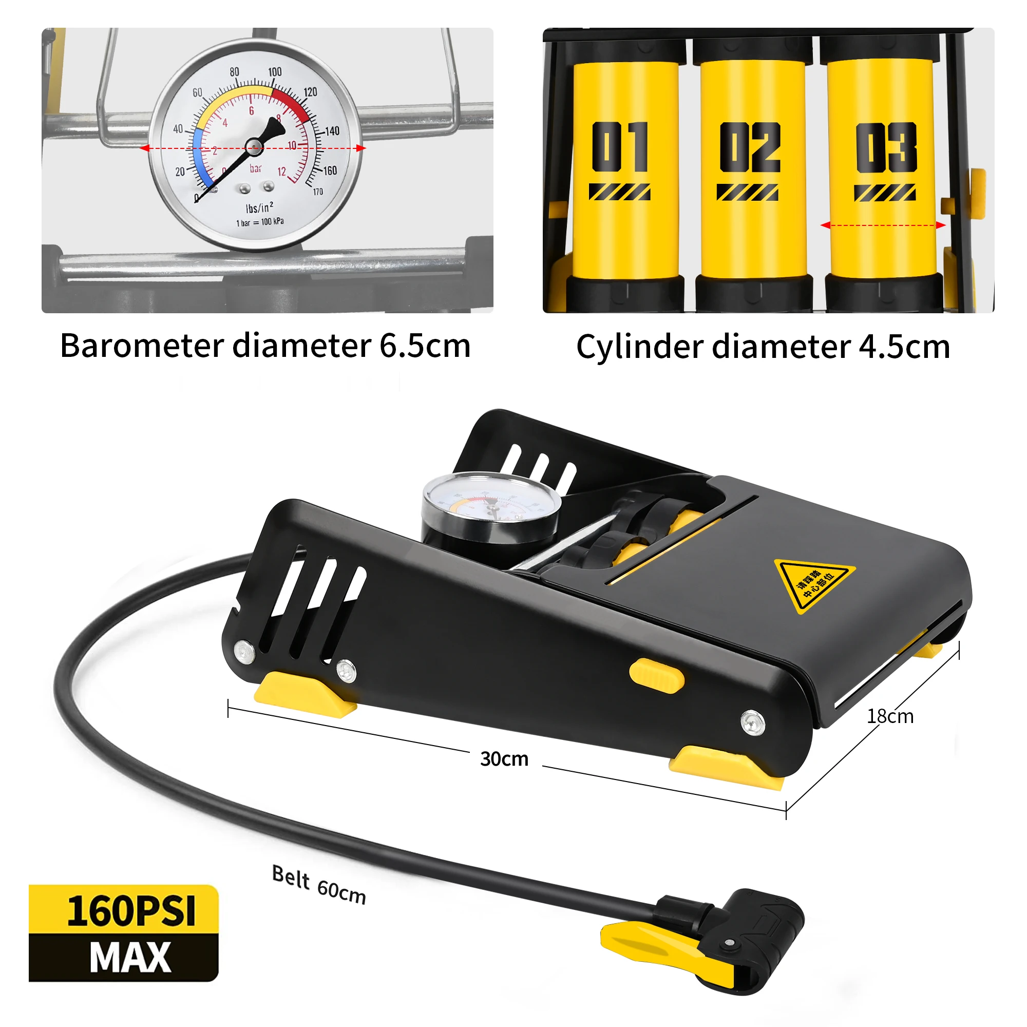 Baime portable collapsible 3-cylinder car air pump for car Aluminum alloy tires foot pump automotive supplies