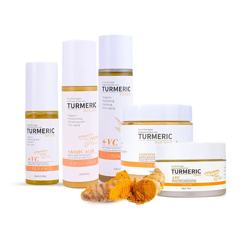 Private Label Turmeric Serum Lotion Scrub Vitamin C Kojic Acid Lotion Brightening Anti Aging Turmeric Skin Care Set