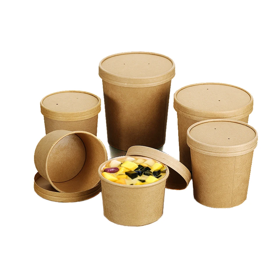 
ODM/OEM Bol En Papier Round Brown Biodegradable Eco Friendly Take Away Salad Fast Edible Paper Packaging Boxes 