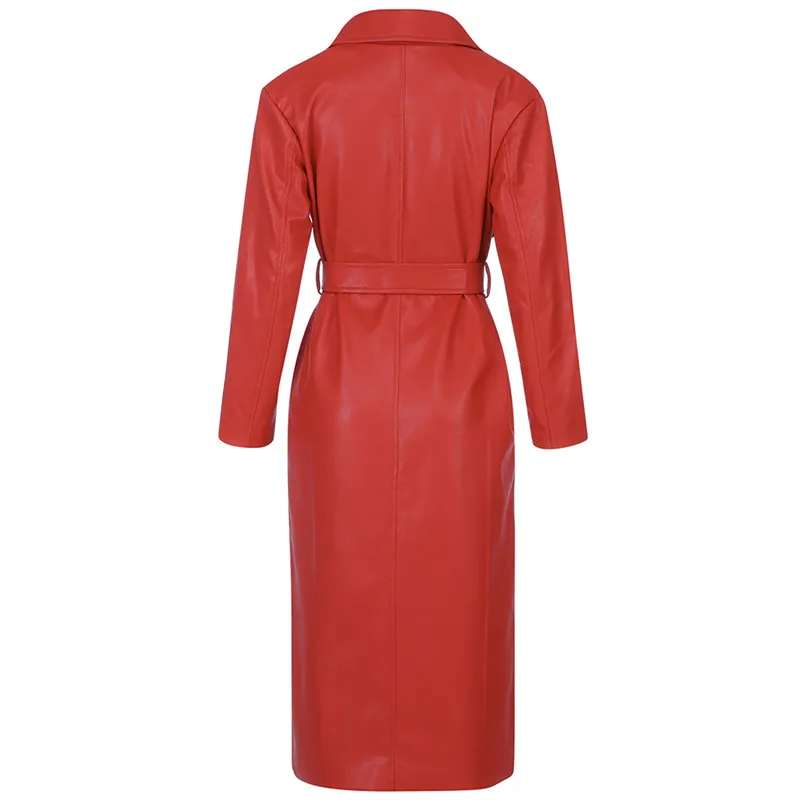 
A4268 Wholesale Red Long Sleeve Belted Winter Synthetic Leather Woman Jacket 