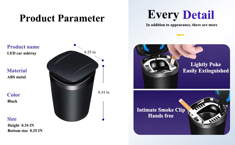 Durable Easy Clean Up Detachable Stainless Car Ashtray with Lid Blue Led Light for Most Car Cup Holder