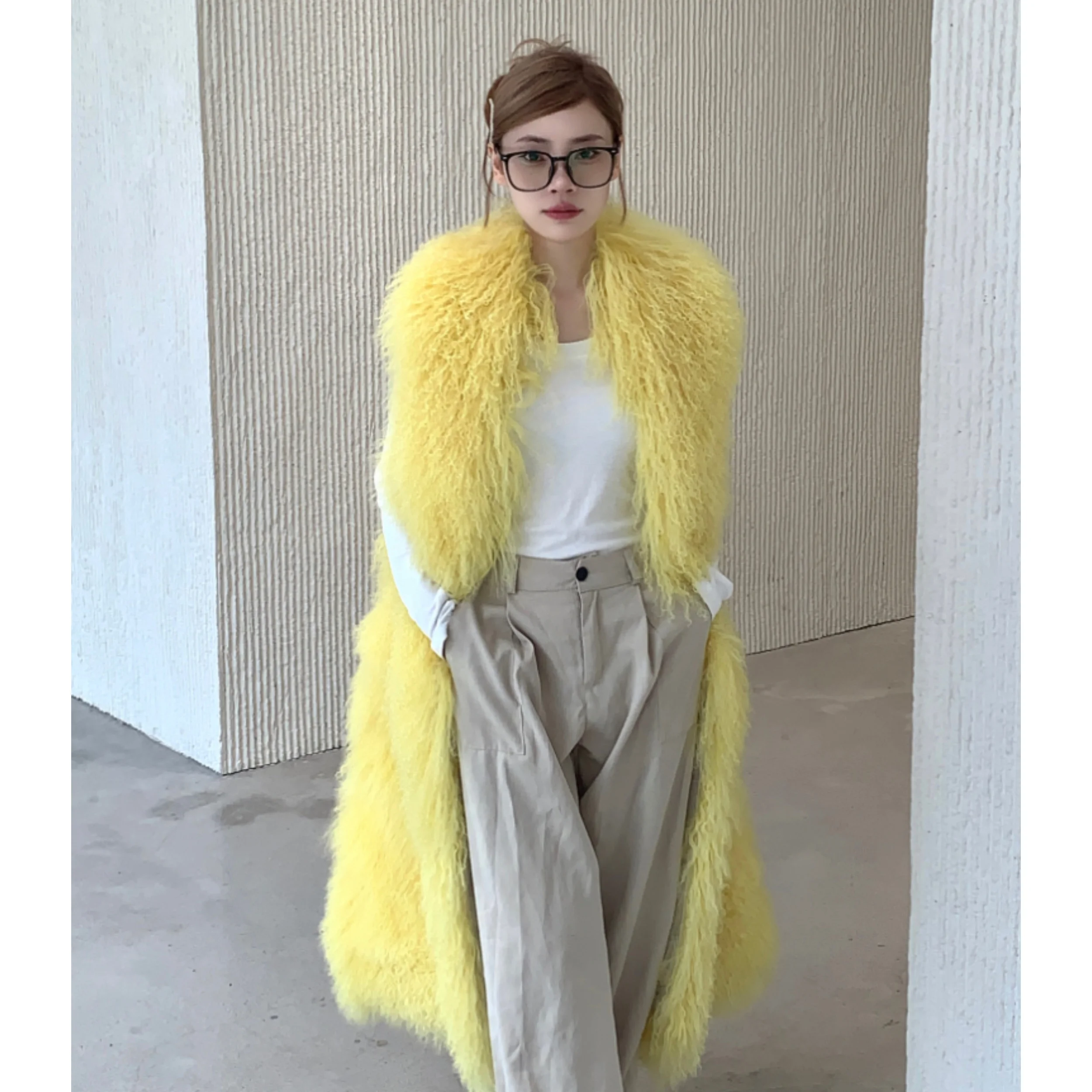 Mongolian Lamb Fur Waistcoat Luxury Fashion X-Long Coat Warm Women Real Tibet Lamb Fur Vest New Design
