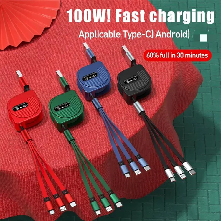 100W Fast charging 6A  cable 3 in 1 Retractable Charging Cable Usb Fast Charger Micro Usb Type C Date Cable