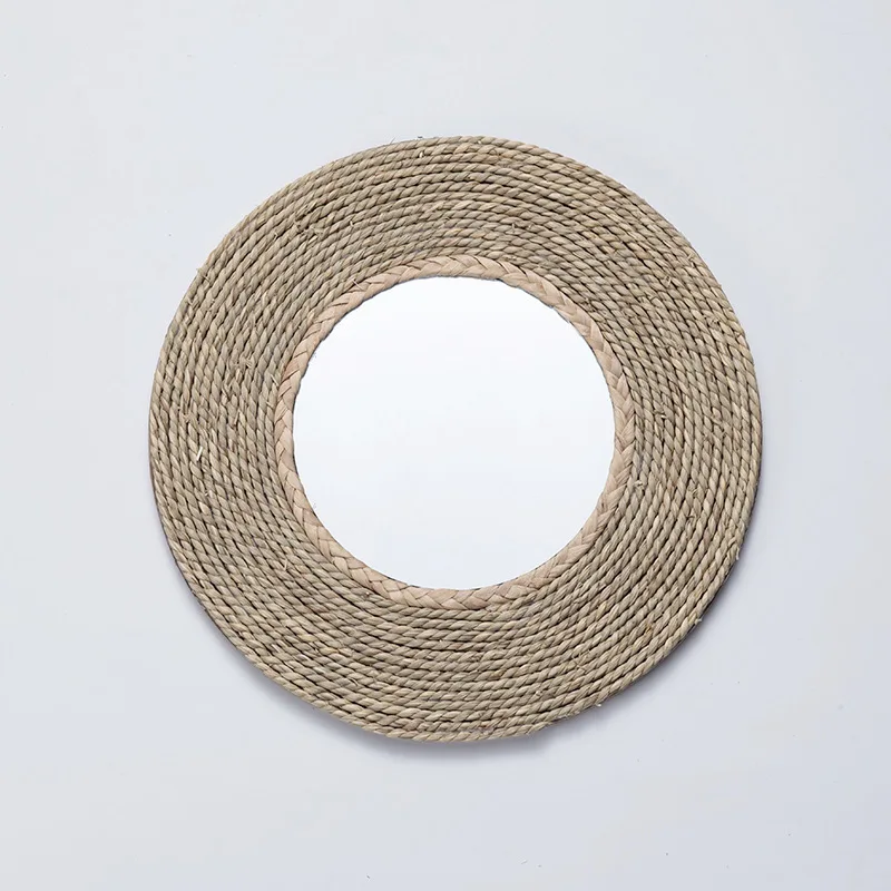 Boho Round Hanging Wicker Straw Rattan Bead Round Mirror Framed Wall Makeup Mirror For Bedroom Bathroom