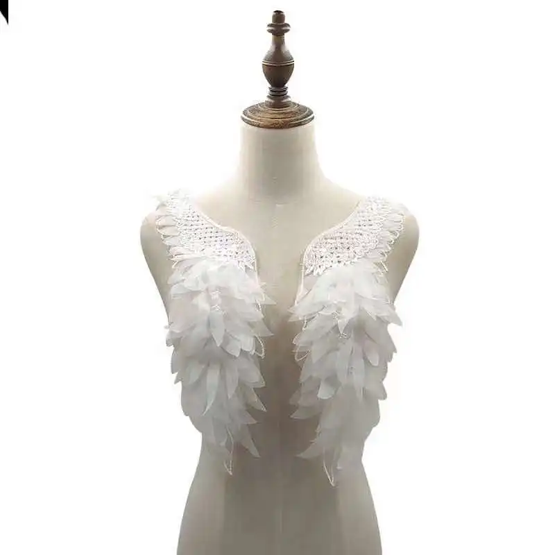 Clear Sequin Floral Embroidery Lace Applique Pair in  White , Angel Wing Patch for Veils, Dance Costumes (1600236435960)