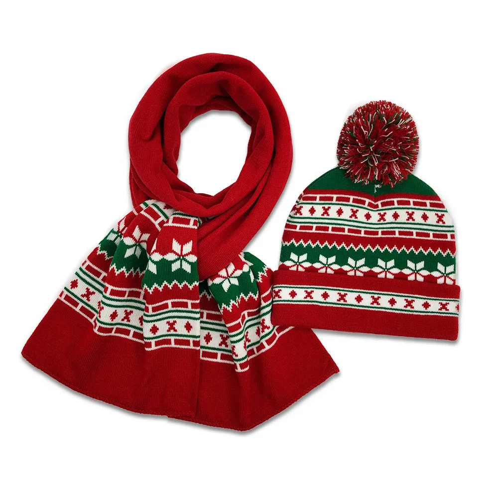 KYO Kids Christmas Hat Autumn Winter Knit Christmas Hat Drop Ball Cuffed Lovely Scarf Set