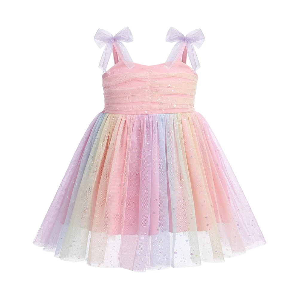 Pretty Princess Dress for Girls Kids Wear Summer Dress with Sling Sleeves & Rainbow Mesh Tutu 100% Cotton Sweet Style