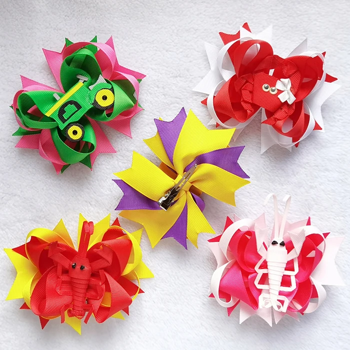 Children Green Ribbon Tractors Bow Hair Clip 4.5 Inch Grosgrain Ribbon Bow Handmade Bow For Hair Accessory