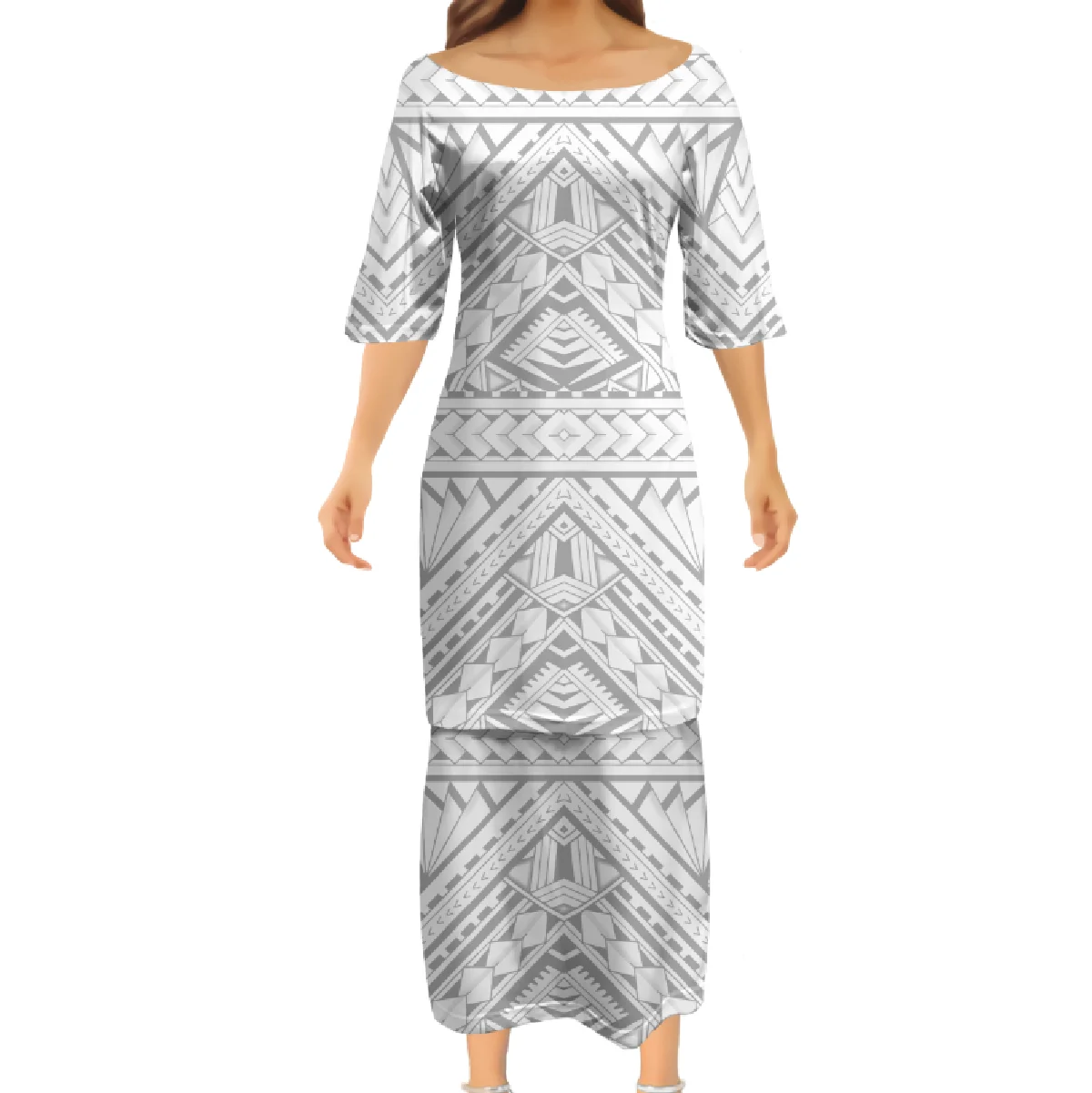 Summer Custom Maxi Casual Dresses Polynesian Tattoo Ladies Dress Big Round Neck Puletasi Half Sleeve Top and Skirt Set Female