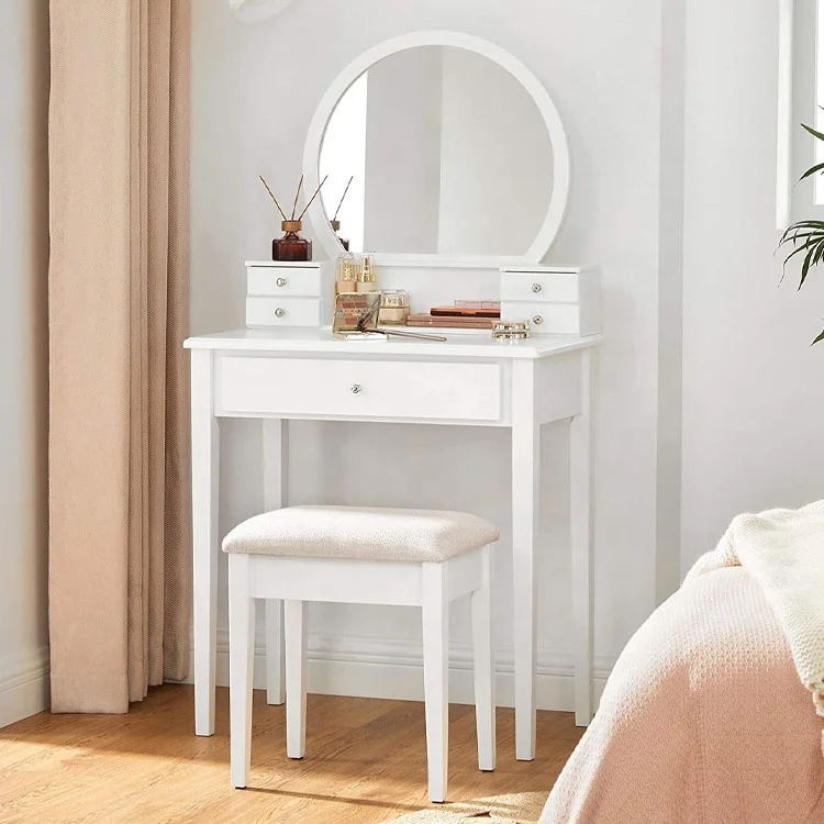 Wholesale modern european simple bedroom dressing table chair in white with mirror and stool